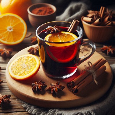 Warm spiced drink with citrus and star anise on wooden tray