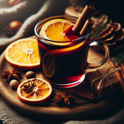 Warm spiced drink with citrus and cinnamon on a wooden tray