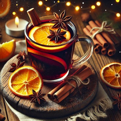 Warm spiced drink with orange and cinnamon on a wooden table