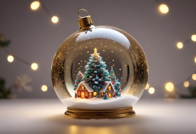 Christmas snow globe featuring snowy village scene