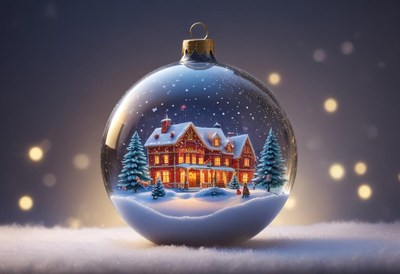 Holiday decoration featuring a snow globe with a cozy house