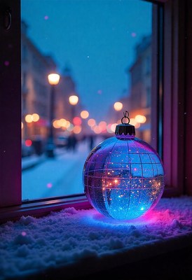 Colorful winter ornament glowing by a snowy window