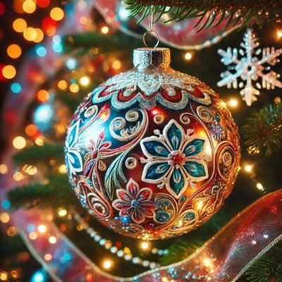 Decorative ornament hanging on a christmas tree with lights