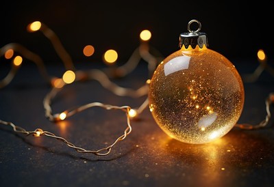 Decorative golden ornament with fairy lights glowing
