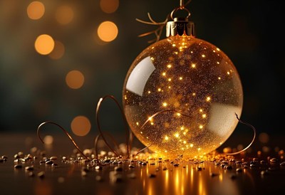 Golden christmas ornament with shimmering lights