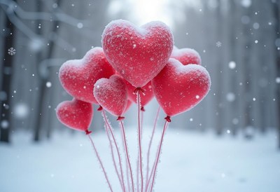 Heart-shaped balloons in snowy winter landscape