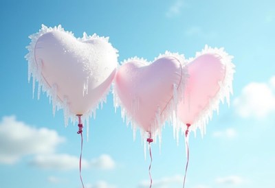 Heart-shaped balloons with icicles against a blue sky