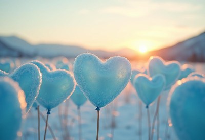 Heart-shaped blue decorations on a snowy field at sunset