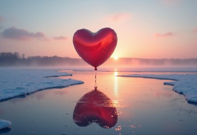 Heart-shaped balloon floats on ice at sunset