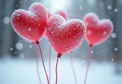 Colorful heart balloons surrounded by winter snowflakes