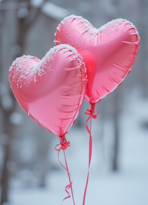 Heart-shaped balloons adorned with snow in winter landscape