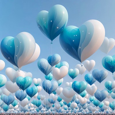 Colorful heart-shaped balloons fill the sky at a celebration