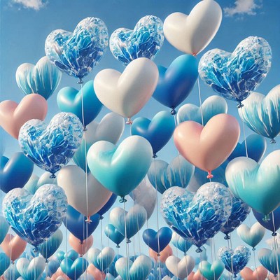 Colorful heart-shaped balloons floating in the sky