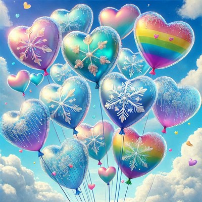 Colorful heart-shaped balloons floating in a clear sky