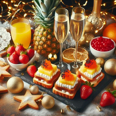 Festive dessert spread with champagne and fruits