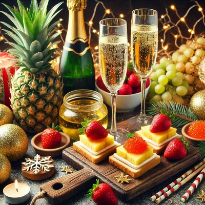 Festive dessert table with champagne and fruits