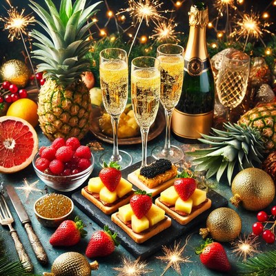 Festive dessert and champagne display with fruits