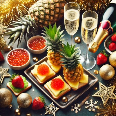 Festive dessert table with fruit and sparkling drinks