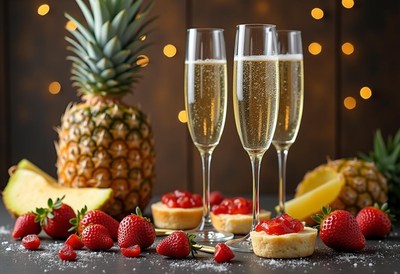 Sparkling drinks with fruit and desserts at a celebration