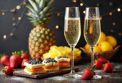 Festive brunch with fruits and sparkling beverages