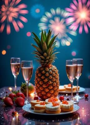 Celebration spread with pineapple and desserts at night