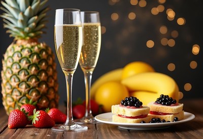 Celebratory brunch with sparkling drinks and fresh fruits