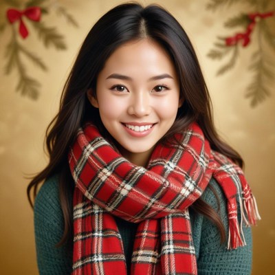 Warm holiday attire with a cheerful smile during winter