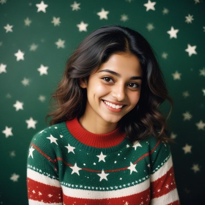 Smiling woman in festive sweater with star pattern