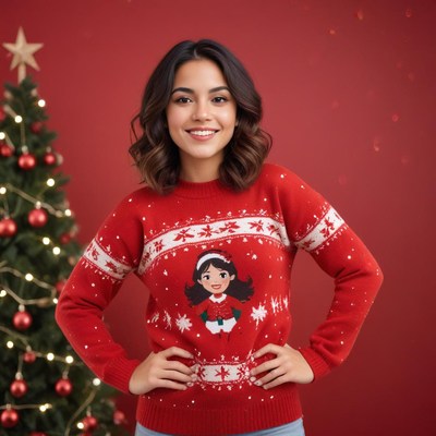 Festive holiday celebration with cheerful sweater by tree