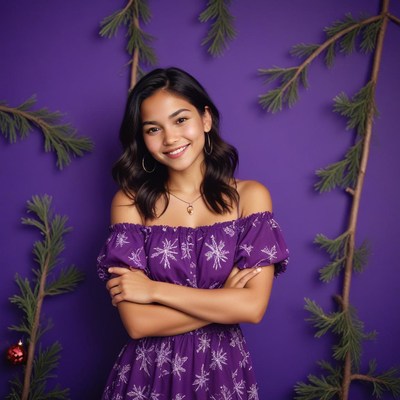 Young woman smiling in purple dress against purple backdrop
