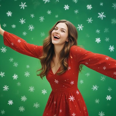 Joyful woman celebrating winter with falling snowflakes