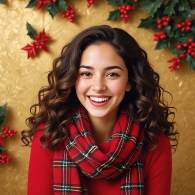 Smiling young woman wears festive scarf in holiday setting