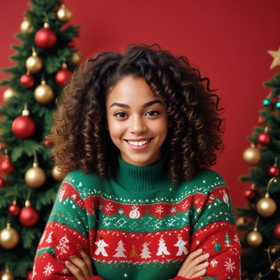 Smiling woman in festive sweater by christmas trees