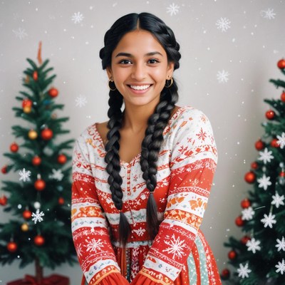 Smiling girl in festive attire with christmas trees