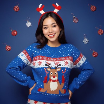 Joyful woman in festive sweater with holiday decorations