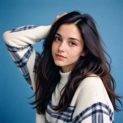 Woman in a cozy sweater on a blue backdrop