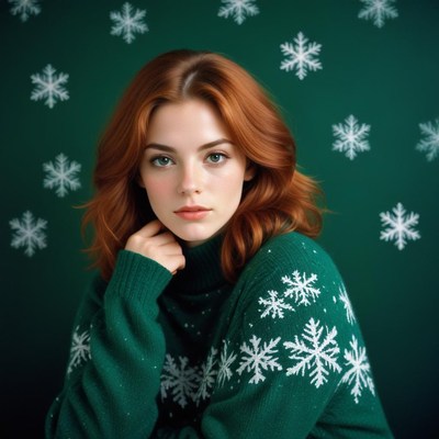 Woman in green sweater poses with snowflake background