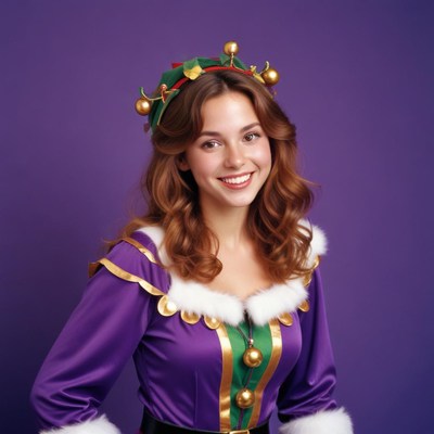 Smiling woman in festive costume with purple background