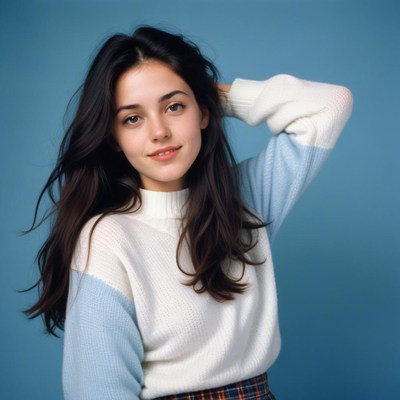 Young woman smiling against a blue background