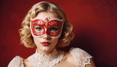 Elegant woman in a red mask with vintage styling