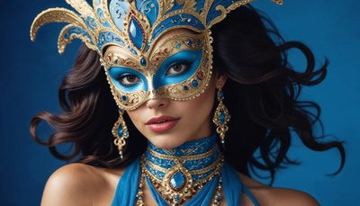 Stunning woman in ornate blue mask and jewelry