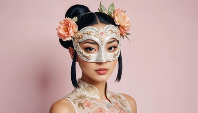 Young woman in decorative mask with floral accents