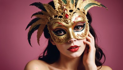 Elegant masked woman poses with a golden mask