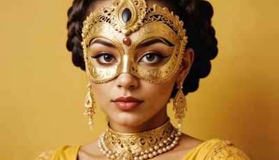 Elegant masked dancer in golden attire poses gracefully