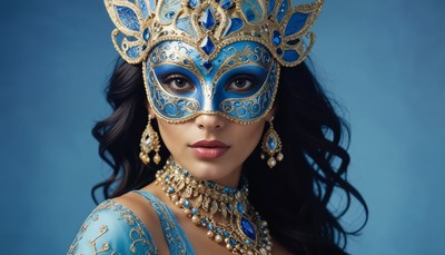 Beautiful woman in elaborate blue costume and mask