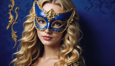 Beautiful woman in elegant blue mask at masquerade ball