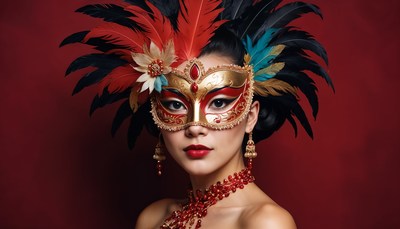 Elaborate mask and feathered headdress adorn woman