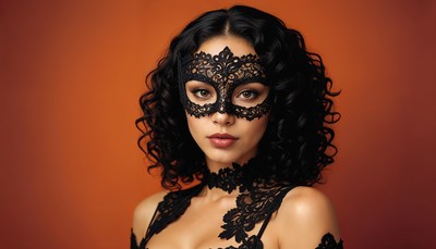 Elegant woman in black mask against an orange background