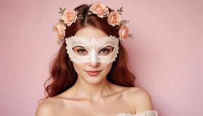 Elegant woman in a floral crown and lace mask