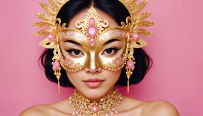 Stunning masquerade look with golden mask and jewelry